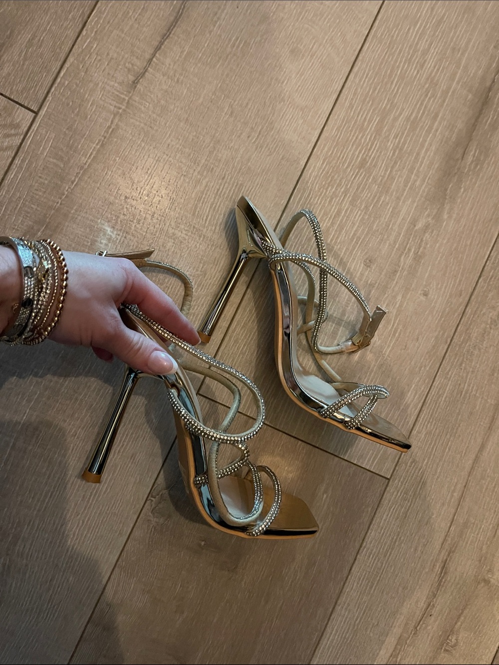 Metallic Gold Crystal-Wrap Strap High Heel Sandals Size 6/Worn Once!